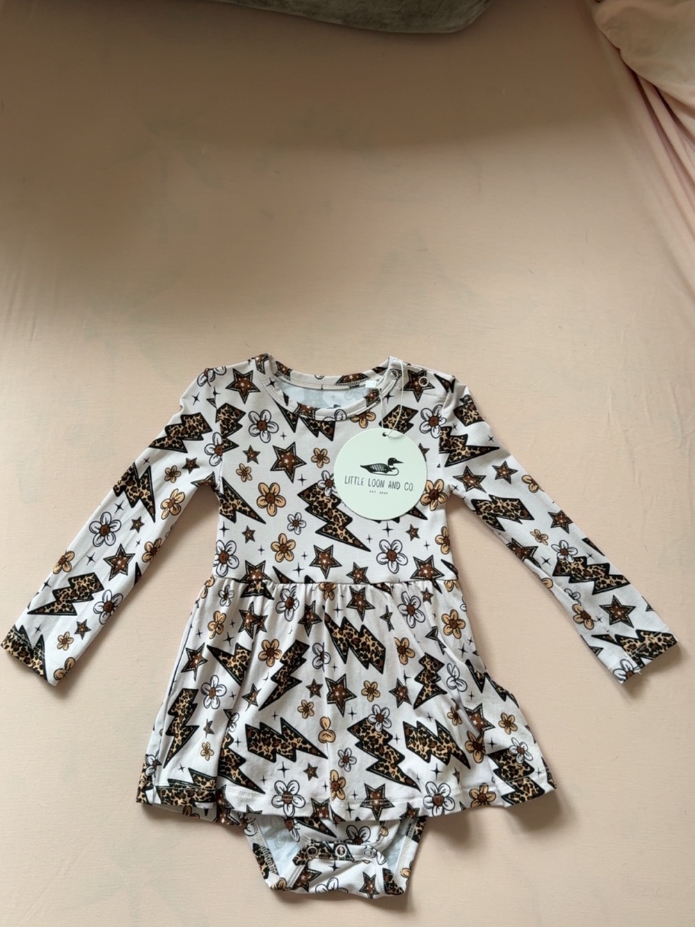 Little Loon & Co White Floral & Star Long-Sleeve One-Piece Dress